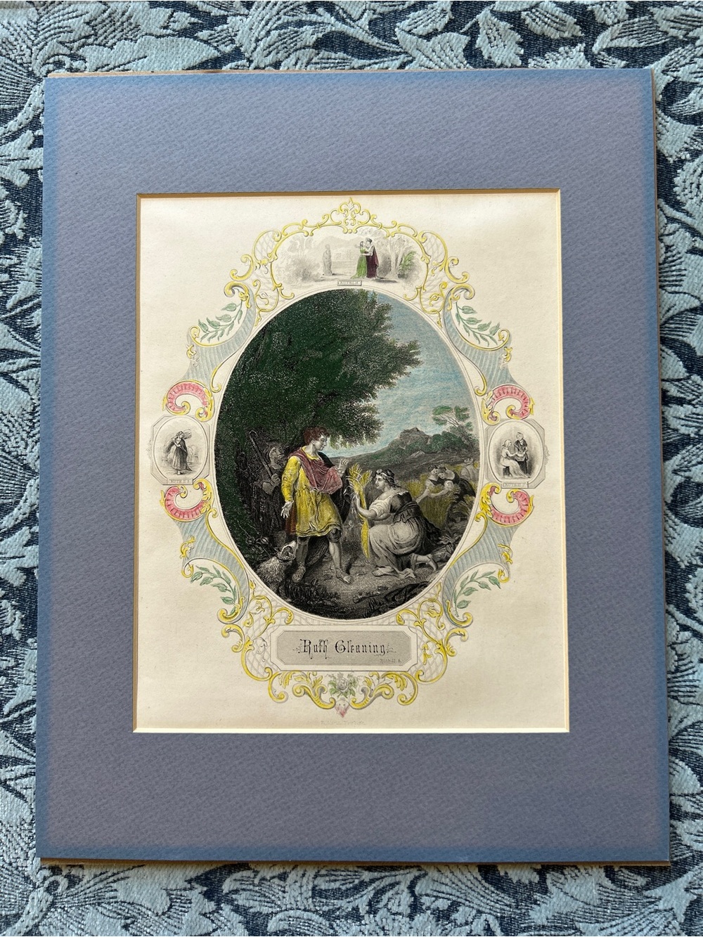 Antique 1860 hand-colored steel engraving titled "Ruth Gleaningβ Matted